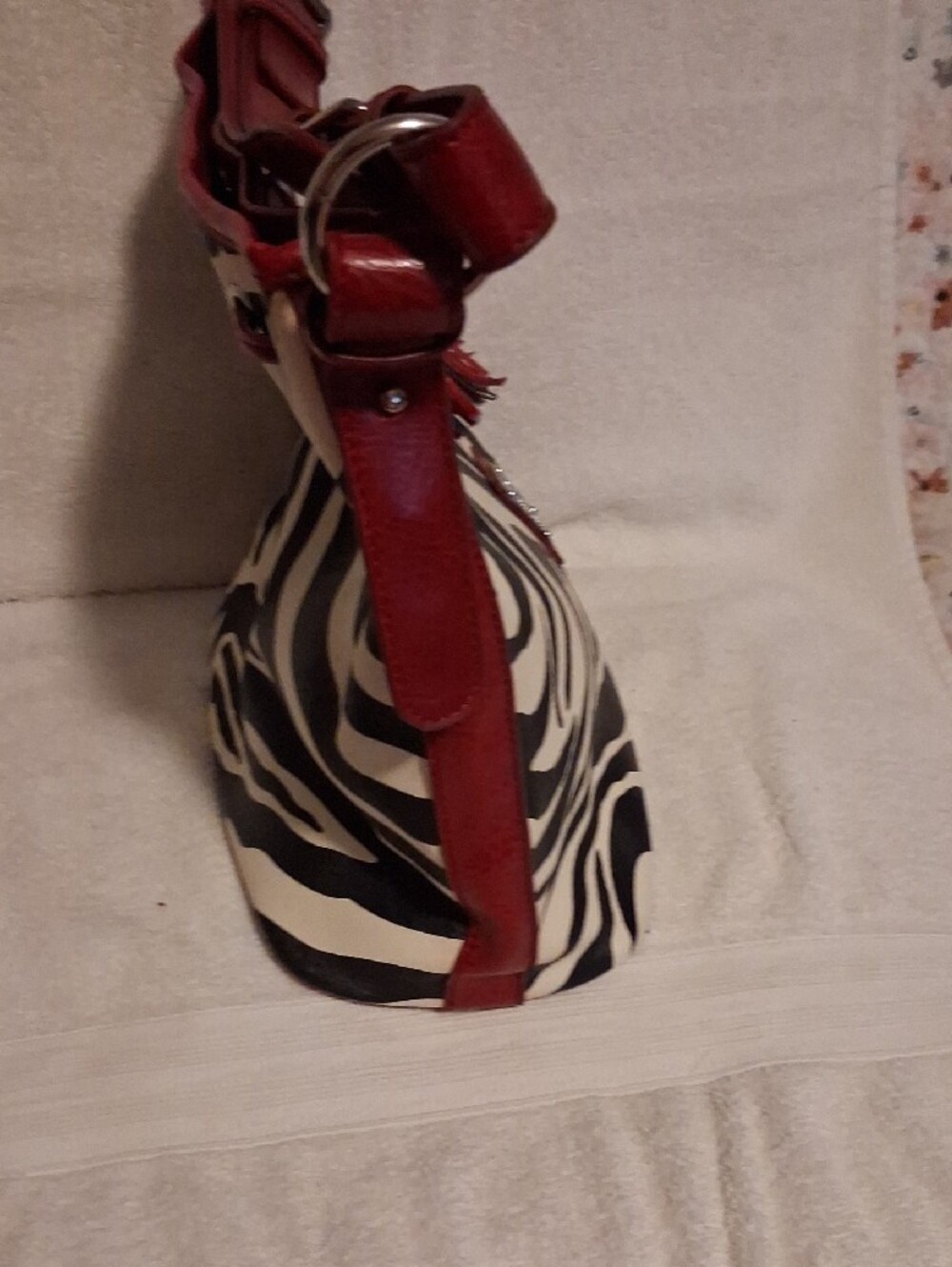 Dooney & Bourke Black and Cream Zebra-Print Shoulder Bag with Red Trim - Picture 12 of 14